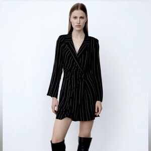 zara ruched waist satin striped blazer dress business office siren